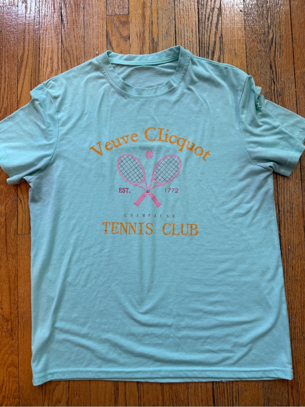 Veuve Clicquot Tennis Club Graphic Tee - Aqua with Pink & Gold Print